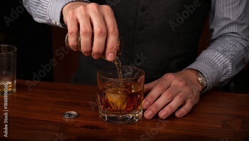 Bartender Pours Drink Into Glass at a Bar During Evening Hours With Dim Light...