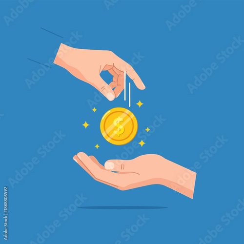 Hands holding and giving bitcoin.