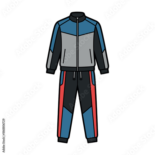 Two piece athletic tracksuit with zippered jacket and matching pants displayed flat.
