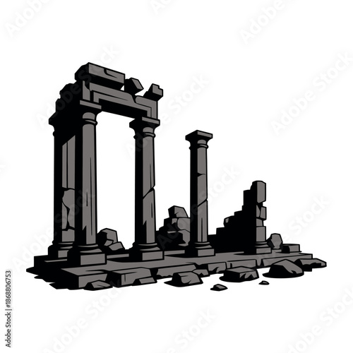 Ancient stone ruins with broken columns and doorway structure standing against white.