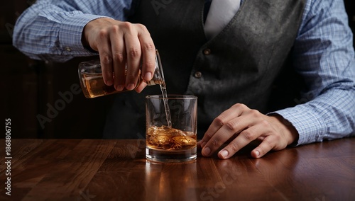 Bartender Pours Drink Into Glass at a Bar During Evening Hours With Dim Light...
