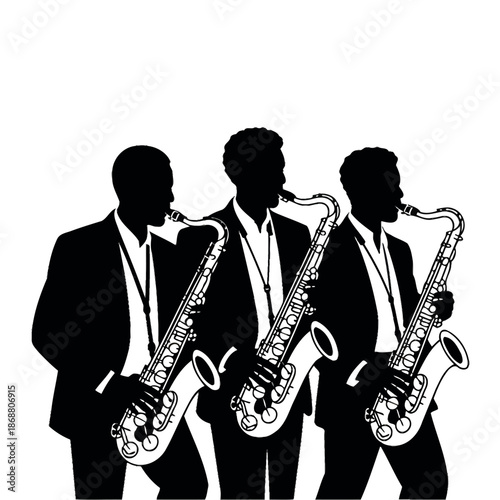 Silhouettes of three professional musicians sharply dressed playing tenor saxophones.