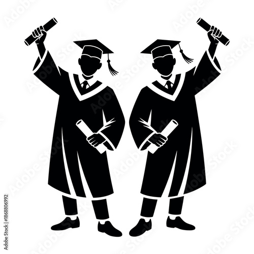 Two graduates in academic regalia hold up diplomas celebrating successful educational.