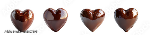 Four chocolate hearts with glossy surfaces depicting a melting process on transparent background high quality professional