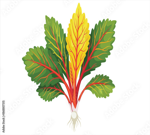 A detailed illustration of a vibrant beet plant with roots and leaves