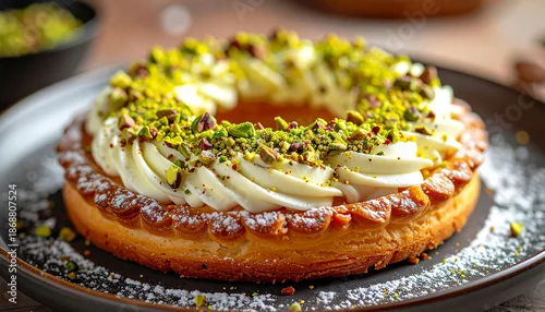 Panel kuchenny z motywem Baked round pastry with sweet cream, crushed pistachio topping, sugar dust, golden brown crust