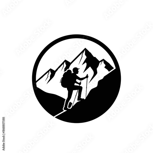 Hiker climbing mountain peak silhouette logo.