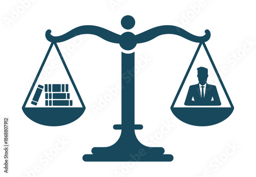 A graphic illustration of justice and law balancing books and a businessman on a scale