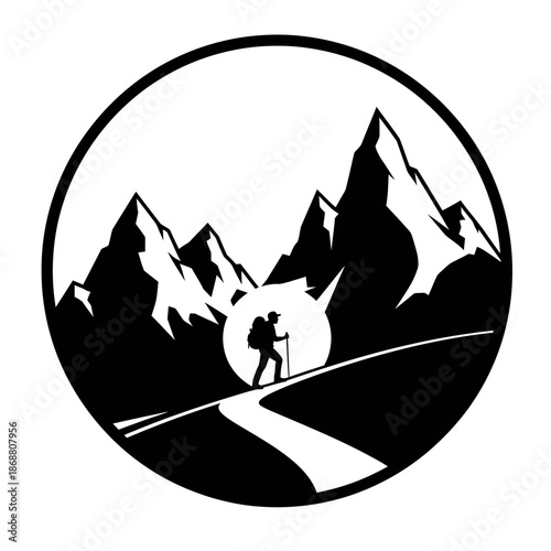 Hiker Silhouette on Mountain Path Illustration.