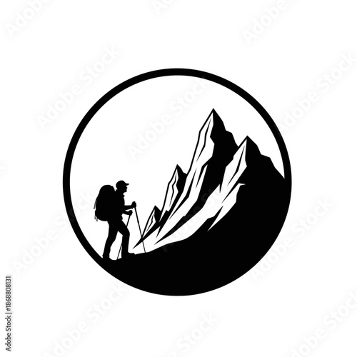 Hiker silhouette with mountain peaks.