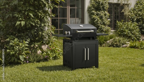 Backyard Grill Ready for Use Near Garden and Patio Area in Summer Afternoon
