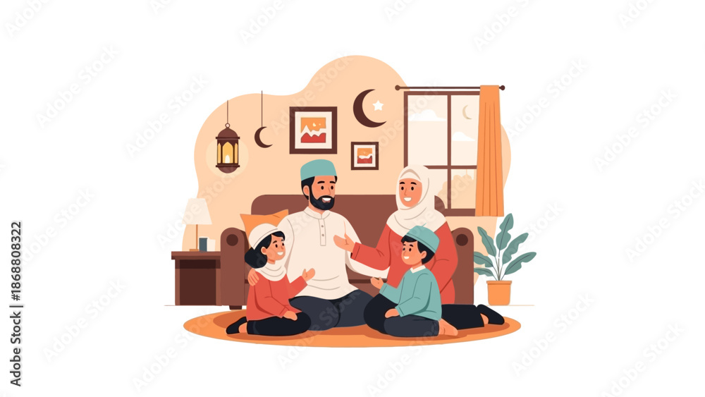 Fototapeta premium Muslim Family Celebrating Ramadan at Home with Father and Children.