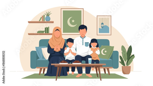 Muslim family celebrating Eid al-Fitr together at home.