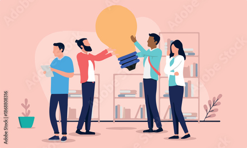 People with idea - Team of business characters working with big light bulb in office, thinking and contemplating. Brainstorming concept, flat design vector illustration.