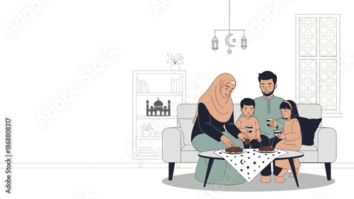 Muslim Family Celebrating Eid at Home with Sweets.