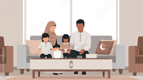 Muslim Family Celebrating Eid at Home with Children.