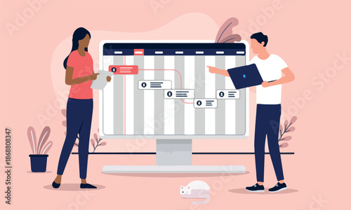 Project planning and roadmap - Two project managers working on assigning tasks and making plan and strategy for business progress. Flat design vector illustration