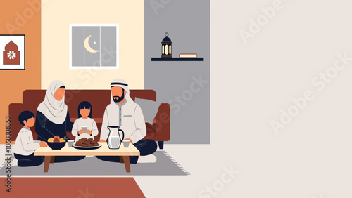 Muslim Family Iftar Meal During Ramadan Illustration.