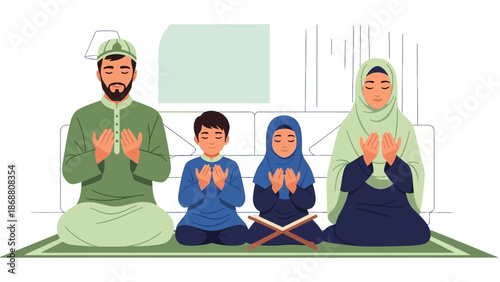 Muslim Family Praying Together at Home During Ramadan.