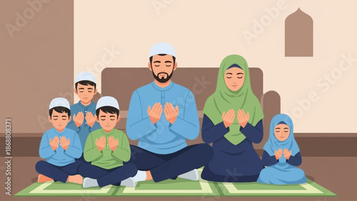 Muslim family praying together at home, a moment of faith.