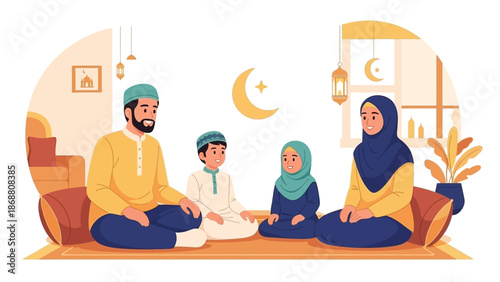 Muslim Family Praying Together During Ramadan Illustration.