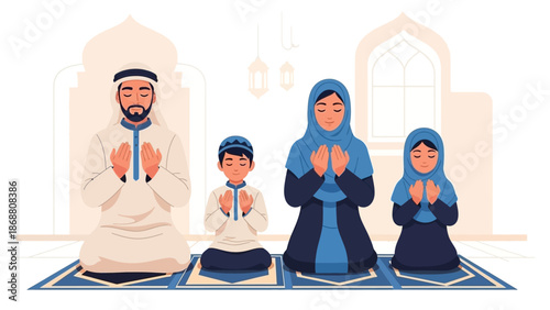 Muslim Family Praying Together in a Peaceful Home Setting.