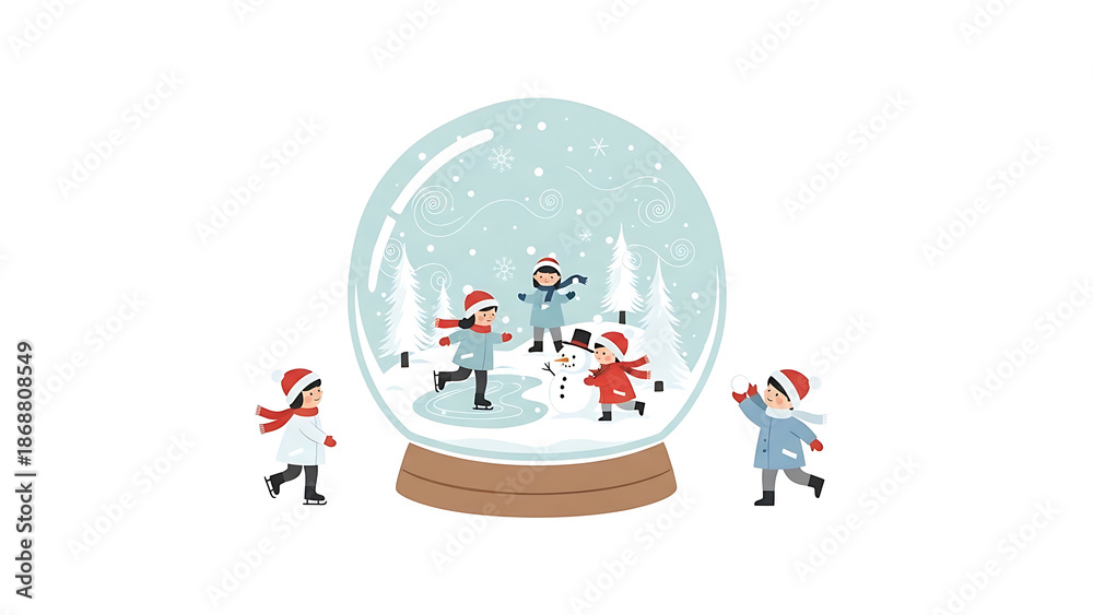 Naklejka premium Children playing in a snow globe with snowman isolated on a transparent background