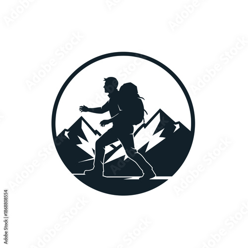 Hiker with backpack walking uphill.