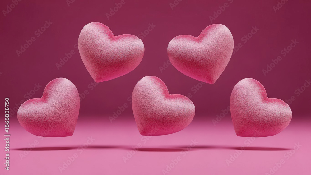 Fototapeta premium Five textured fuzzy pink heart shapes suspended mid air above bright crimson floor casting dark distinct shadows