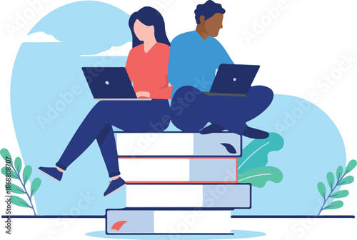 Students studying - Diverse woman and man sitting on books with laptops learning and taking online education. School concept. Flat design vector illustration with white background.