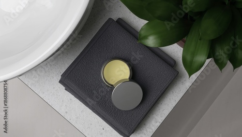 Cosmetic Container on Gray Towel Near Sink in Bathroom Setting With Plant Nearby