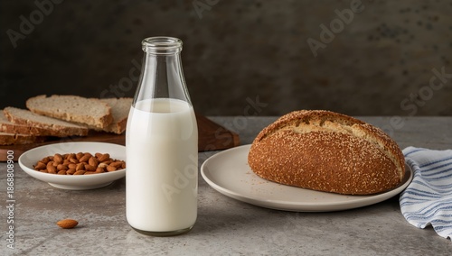 Milk in a Glass Bottle Beside a Loaf of Bread on a Kitchen Counter