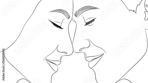 Abstract continuous line art drawing depicts two faces leaning in closely almost touching noses in an intimate moment suggesting deep affection and romantic connection between a couple or two souls.