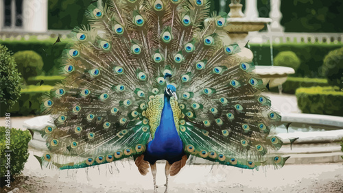 Magnificent male Indian peafowl displaying its dazzling train feathers in full courtship ritual showing iridescent blue neck and numerous eye spots in a formal garden setting.
