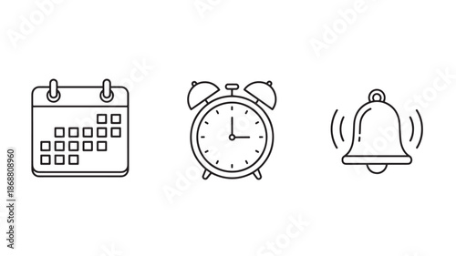 Time and Schedule Icons: Minimalist line art icons depicting time management, including a calendar, alarm clock, and a ringing bell, perfect for scheduling concepts.