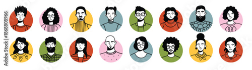 Set of various avatars. Male and female userpics, hand drawn doodle style, black and white on bright circles. Abstract avatars on round shapes, diverse persons portraits. Isolated circles on white.