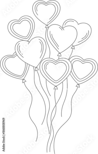 Simple black and white outline drawing featuring a cluster of multiple heart shaped balloons tethered together by flowing strings ready for celebration or romantic decoration purposes