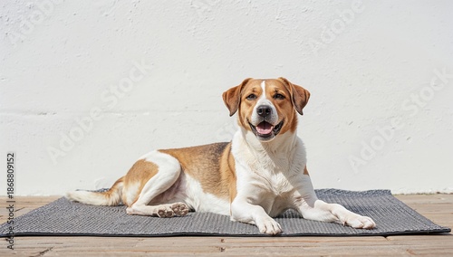 Dog Sits on a Gray Mat With a Smile on a Wooden Floor in a Bright Room During...