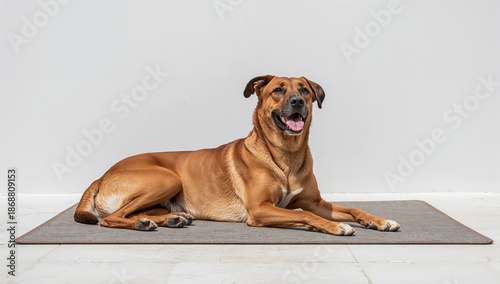 Dog Sits on a Gray Mat With a Smile on a Wooden Floor in a Bright Room During...