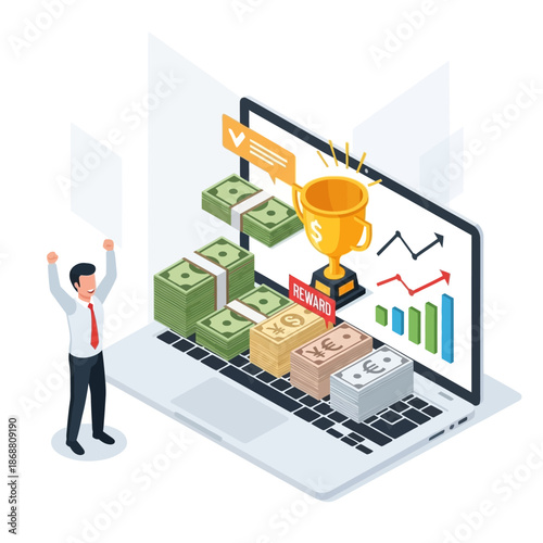 Man Celebrating Business Success on Laptop.