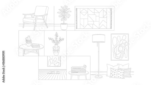 Line art collection showcasing various elements of modern interior design including seating furniture area rugs abstract wall art and decorative potted plants for home decor concepts