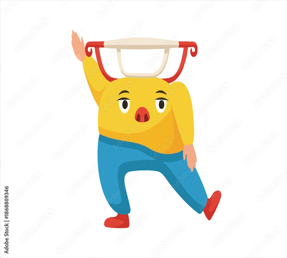 Fototapeta premium A cheerful orange character sailing in a yellow spoon shaped boat