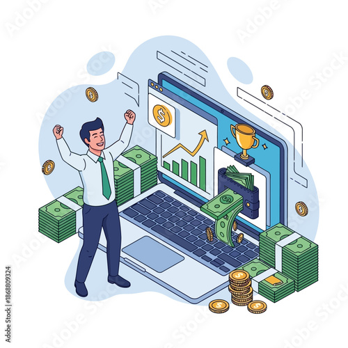 Man Celebrating Financial Success Online.