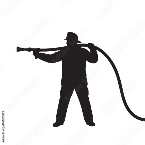 Black silhouette of firefighter holding a water hose.