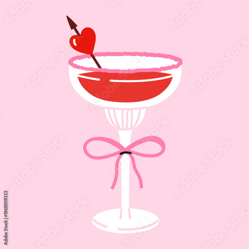 Cute cocktail glass with heart decoration and ribbon bow. Romantic alcohol drink. Perfect for Valentine’s Day designs. Flat vector illustration, isolated object on light pink background