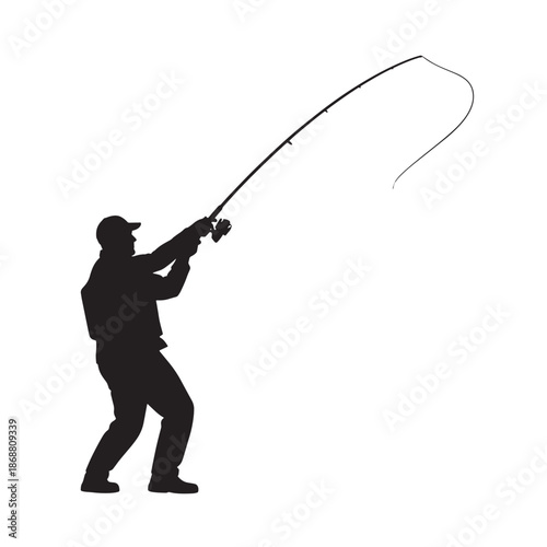 Silhouette of fisherman casting a fishing rod.