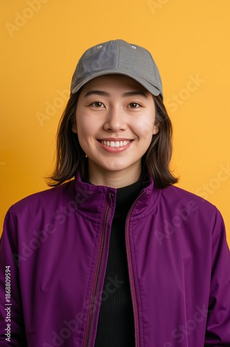 Young Woman Smiles in Front of Yellow Background Wearing Purple Jacket and Gr...
