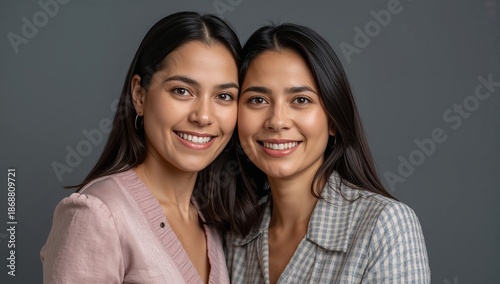Two Women With Smiling Faces Pose Together in a Studio Setting With Plain Bac...