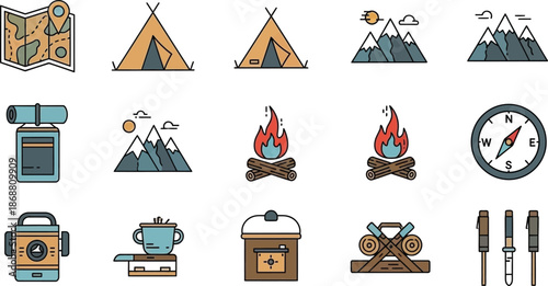 Collection of fifteen stylized line art icons representing essential outdoor camping and adventure gear including maps tents compasses fires and survival tools perfect for travel illustrations