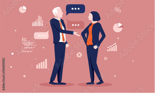 Old man explaining complex subject to irritated woman. Disagreement, know all, and wise guy concept. Vector illustration.